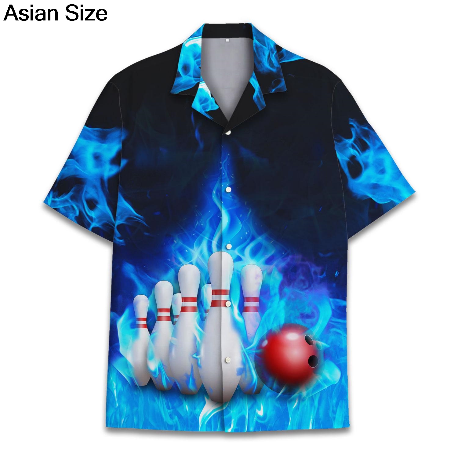 Bowling Shirt Camp - เสื้อเชิ้ตแขนสั้นลายกราฟิกกีฬาโบว์ลิ่งสีฟ้าเท่ห์ คอปกแบบคัมป์ ทรงหลวม สไตล์ลำลอง สำหรับทุกเพศ