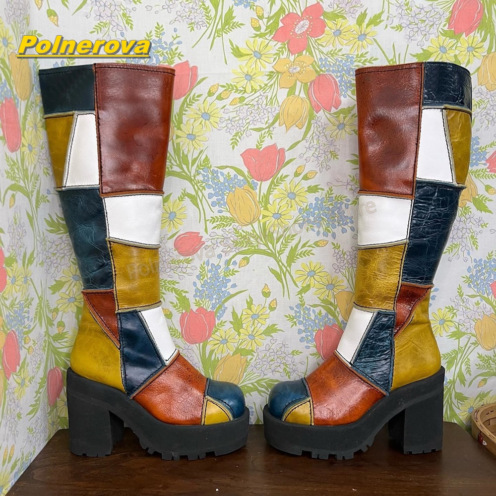 Vintage Fashion In 2026 - รองเท้าบูทหนังทรงสูงถึงเข่าสไตล์เรโทรสำหรับผู้หญิง ตกแต่งด้วยผ้าปะติดหลากสี พื้นหนา ส้นหนา สไตล์วินเทจ Y2K