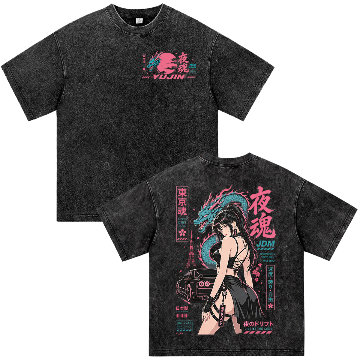 Vintage Fashion Tokyo - เสื้อยืดลายอนิเมะ Initial D Drift Tokyo Dragon