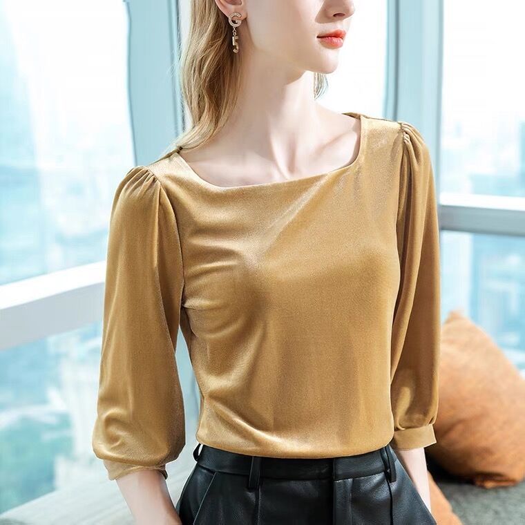 Vintage Fashion Y2K - เสื้อเชิ้ตผ้ากำมะหยี่คอเหลี่ยมสไตล์วินเทจแบบอังกฤษสำหรับผู้หญิง เสื้อแขนทรงโคมไฟสุดหรูสำหรับฤดูใบไม้ผลิ เสื้อท็อปผ้ากำมะหยี่มี 10 สี