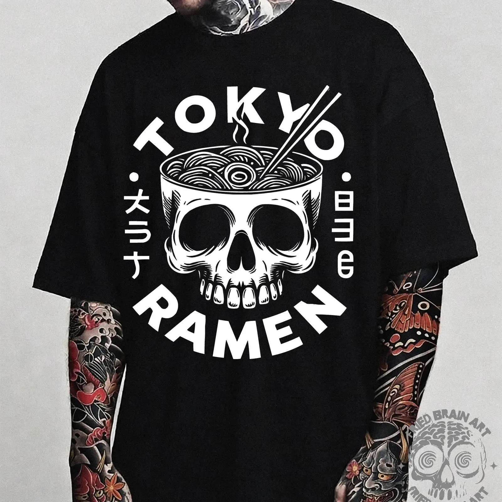 Vintage Fashion Tokyo - เสื้อยืดโตเกียวสกัลล์รามเอน ลายกราฟิกสไตล์ญี่ปุ่น วินเทจ ผ้าซักแล้ว ใส่สบายเล็กน้อย ระบายอากาศได้ดี