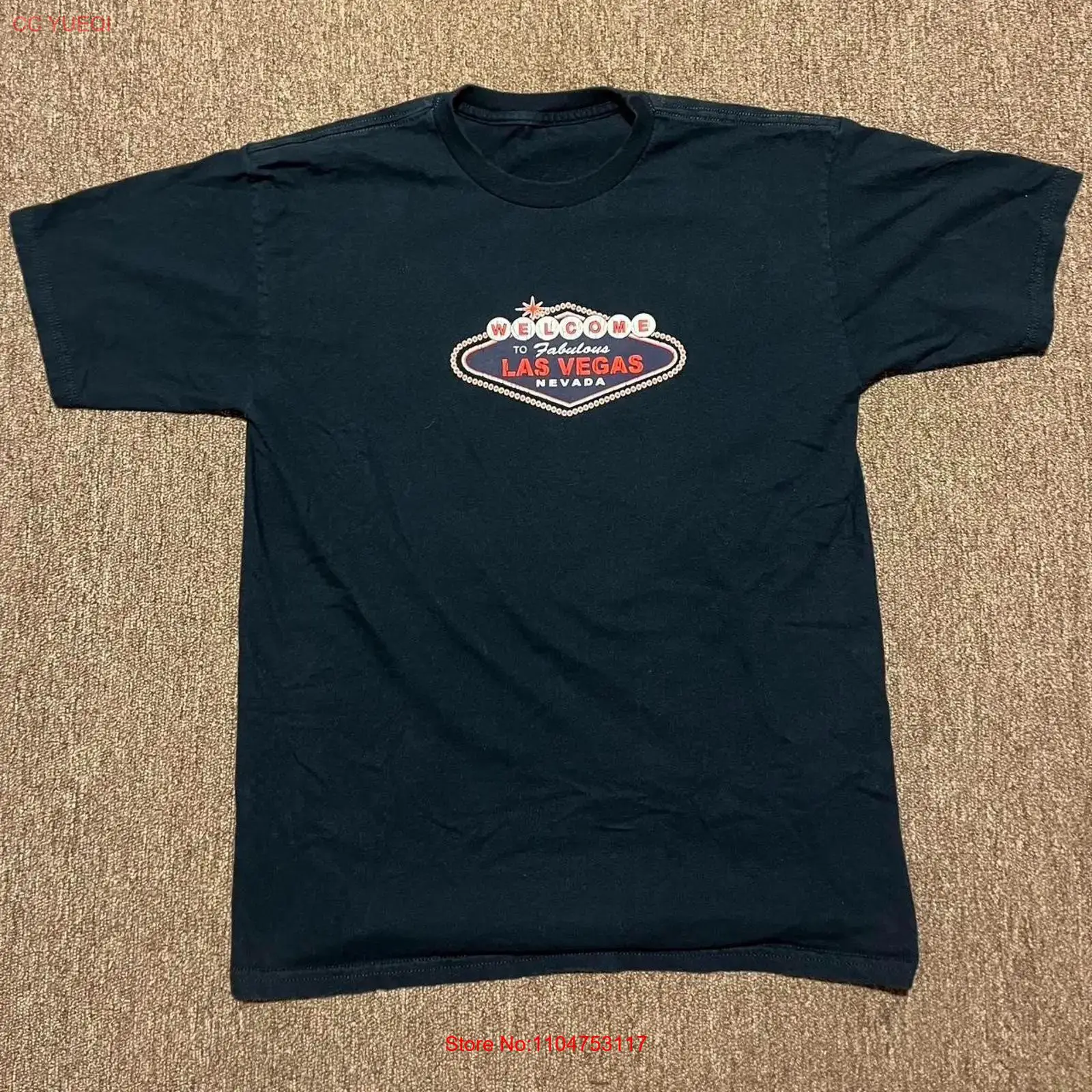Vintage Fashion Las Vegas - เสื้อยืดลาสเวกัสสีกรมท่าและสีแดง ขนาดกลาง สไตล์วินเทจ ลุคสบายๆ มีสไตล์ ลายกราฟิก