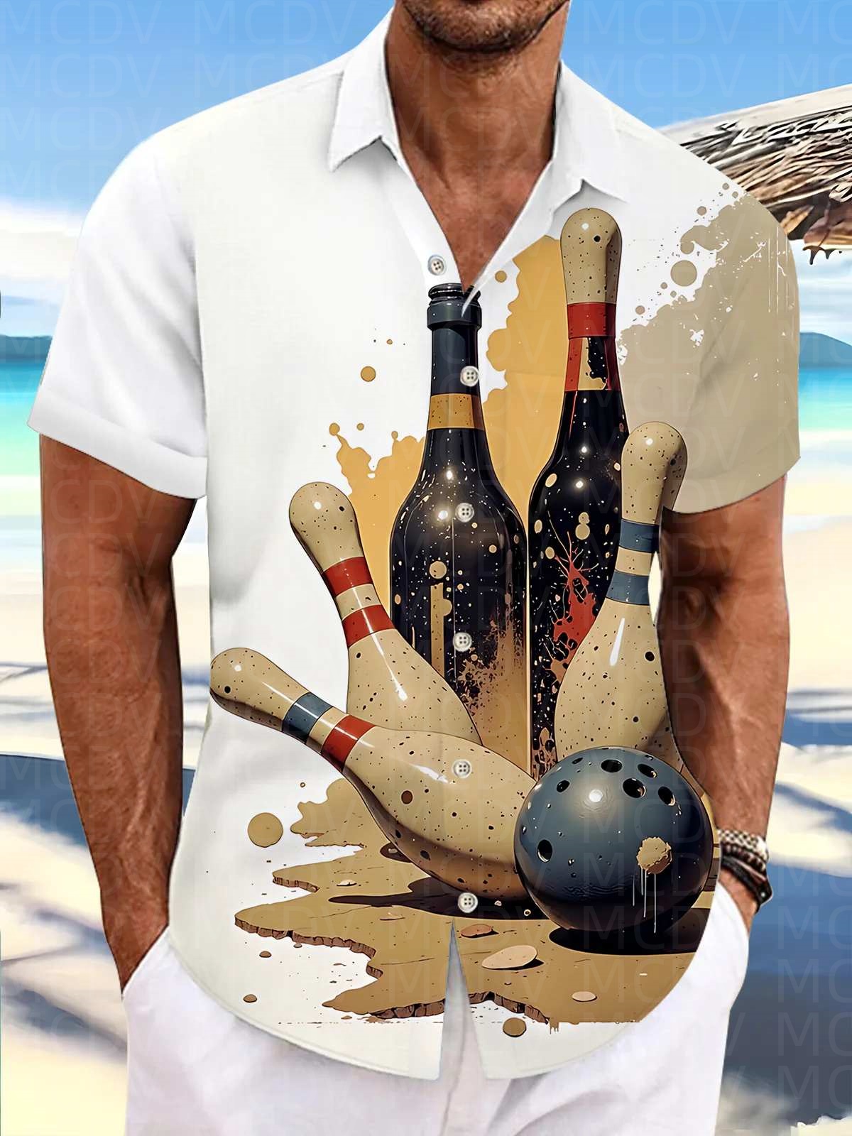 Bowling Shirt Camp - เสื้อฮาวายลายโบว์ลิ่งสำหรับผู้ชาย ผ้าสเตรช ดูแลรักษาง่าย เสื้อแคมป์ไซส์ใหญ่พิเศษ